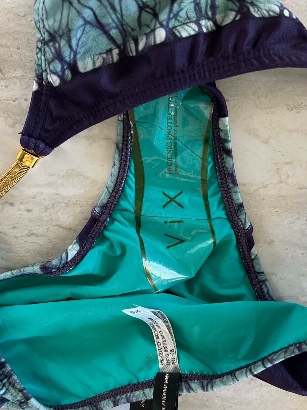 Vix Bikini Bottom, NWT & lining. Teal, purple pattern w/metal trim. Beautiful! - Picture 3 of 5